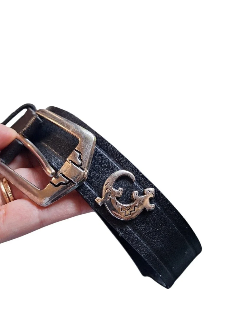 Ladies English Bridle Black Leather Belt Silver Turtle Steer Gecko, Boho Large